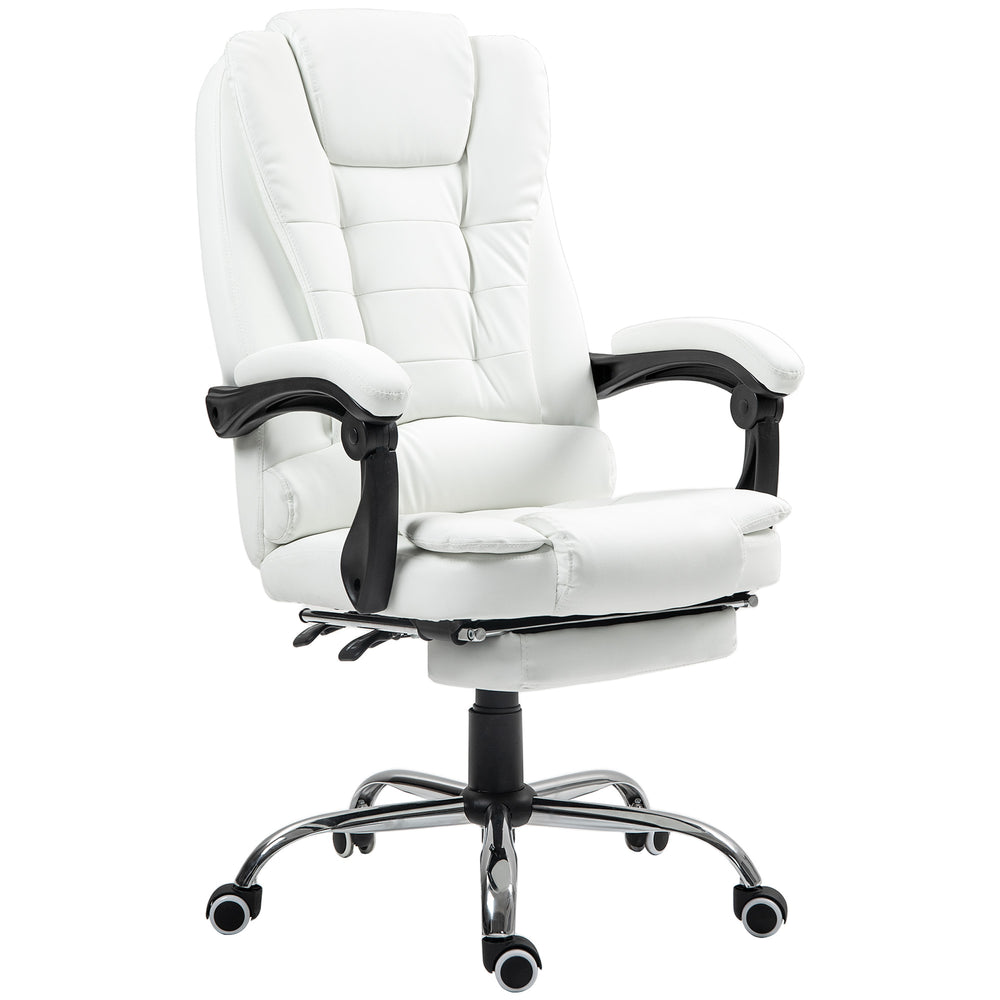 Chaise de bureau ergonomique blanche avec dossier haut, revêtement en cuir synthétique, accoudoirs rembourrés et repose-pieds rétractable pour un confort optimal à domicile ou au travail