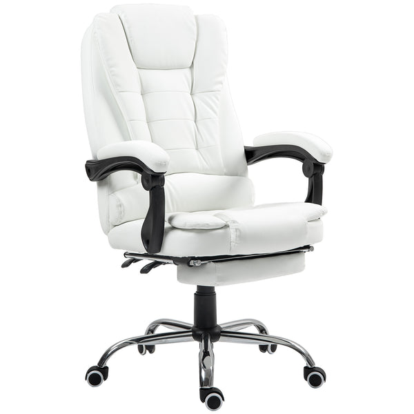 High-back office chair in synthetic leather with retractable footrest, white