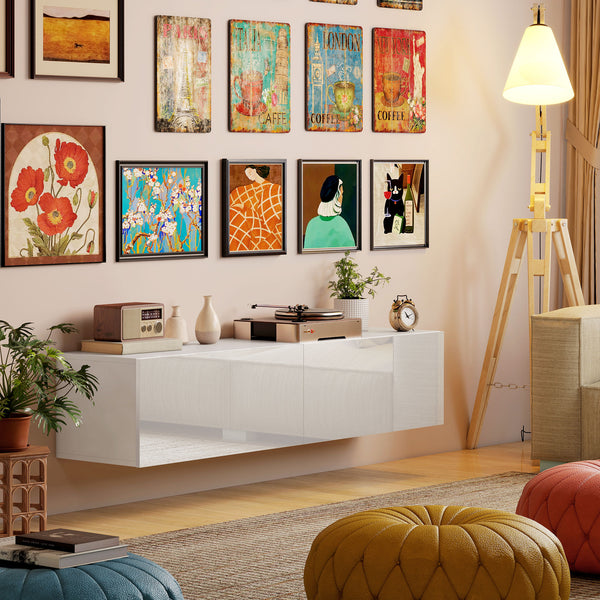 Wall-mounted TV cabinet with storage for TVs up to 65 inches, white