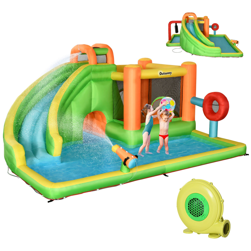 8-in-1 Inflatable Castle for Kids, Includes Slide, Trampoline, Pool, Water Gun, Target Ball, Boxing, Tunnel with Carry Bag, 750W Blower