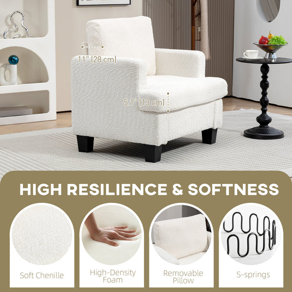 Modern chenille upholstered armchair with wooden frame and back cushion, cream white