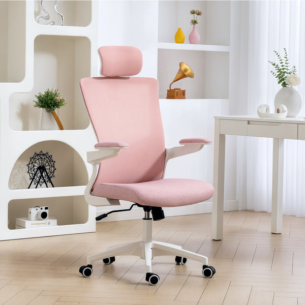 Ergonomic office chair with lumbar support and headrest, pink
