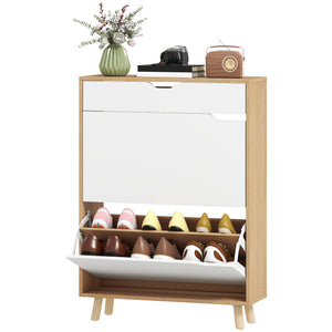 Narrow entryway shoe cabinet with 2 drop-down drawers, a top drawer and adjustable shelves for 12 pairs of shoes, white