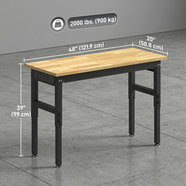 Height-adjustable heavy-duty workbench with power outlets, USB ports, and tool pegboard – Natural wood and black