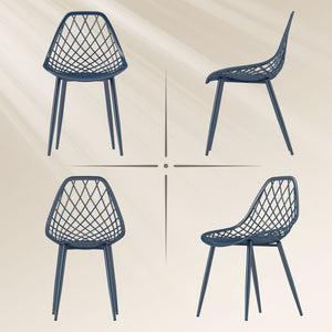 Set of 4 plastic chairs with hollow backrest and metal legs, blue