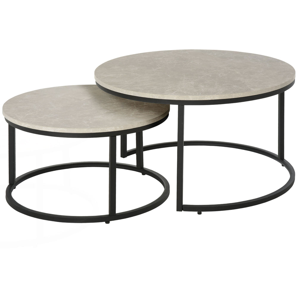 Set of 2 modern coffee tables with metal base for living room, cement gray