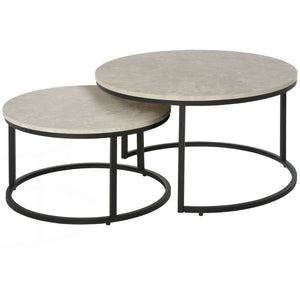 Set of 2 modern coffee tables with metal base for living room, cement gray
