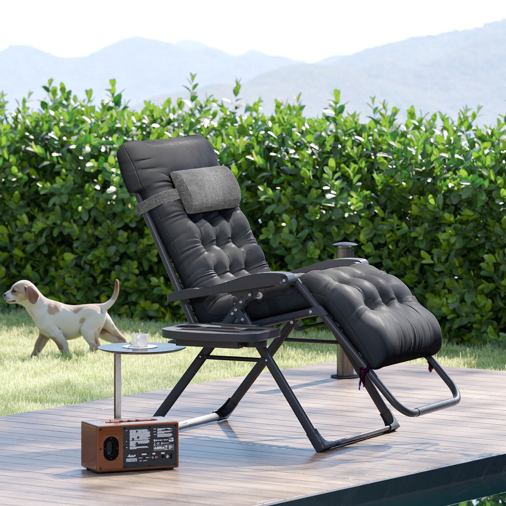 Padded Folding Recliner with Cup Holder, Adjustable Backrest, Removable Cushion, Black