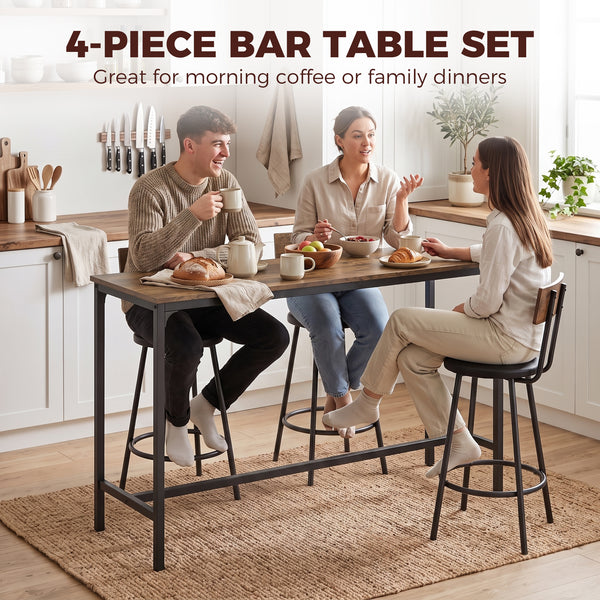 Bar table with 3 padded stools, rustic brown