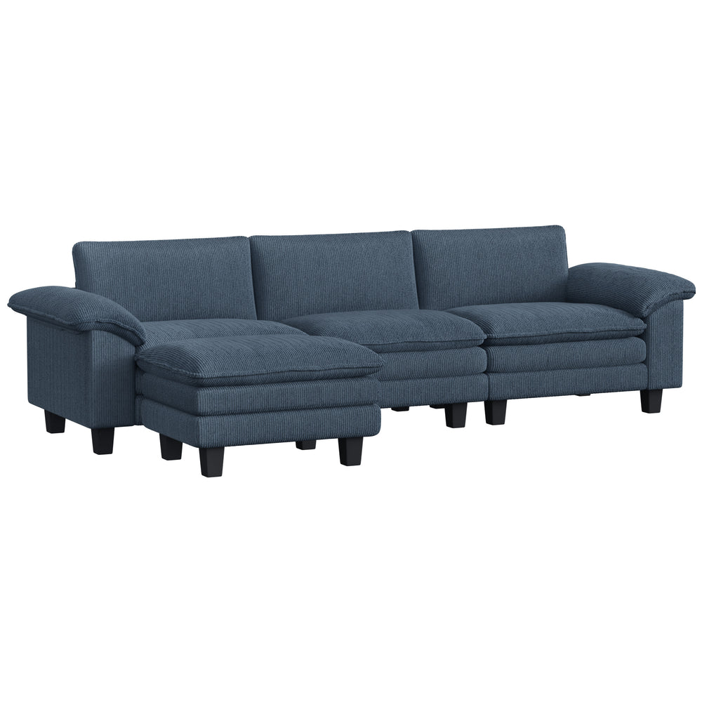 L-shaped sofa with deep seating, removable ottoman, and padded armrests, blue