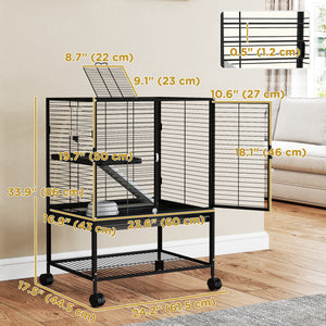 Rolling Cage for Small Animals with Removable Tray and Storage Shelf, Black