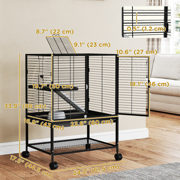 Rolling Cage for Small Animals with Removable Tray and Storage Shelf, Black