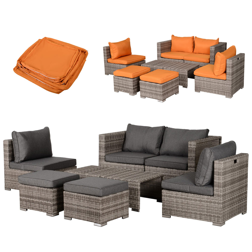 8 Pieces Patio Furniture Set, Outdoor Wicker Rattan Sofa Set Yard Conversation Seat Tea Table and Footstool Garden Patio Furniture w/ 2 Set Cushion Cover Grey & Orange