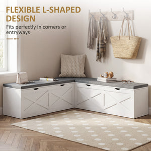 Modular entryway bench with 5 hidden storage compartments and padded cushions – White wood effect