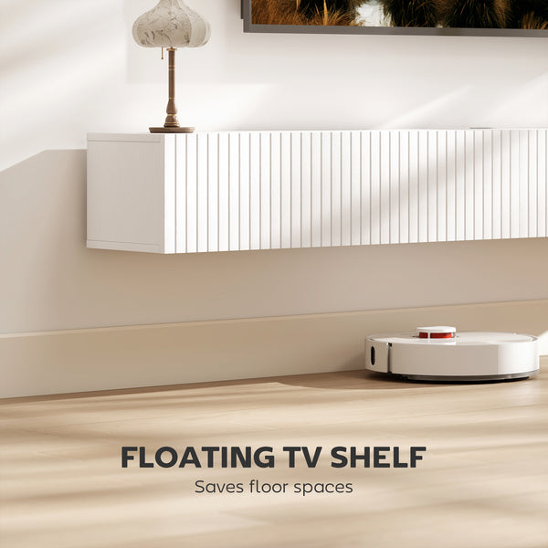 71" Floating Wall-Mounted TV Unit for TVs up to 72 inches, Multimedia Console with 2 Fluted Drop-Down Doors, Cable Management, White