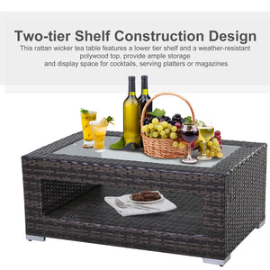 2-Tier Rattan Patio Coffee Table Outdoor Side Table PE Wicker Patio Garden Tea End Desk with Tempered Glass Top & Storage for Balcony, Backyard, Poolside