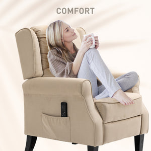 Reclining massage armchair with extendable footrest, wooden legs, remote control, side pockets, beige