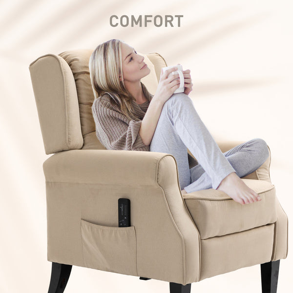 Reclining massage armchair with extendable footrest, wooden legs, remote control, side pockets, beige