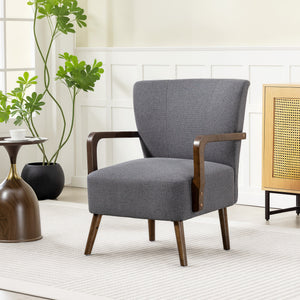 Accent chair with wooden legs, thick padding, dark gray