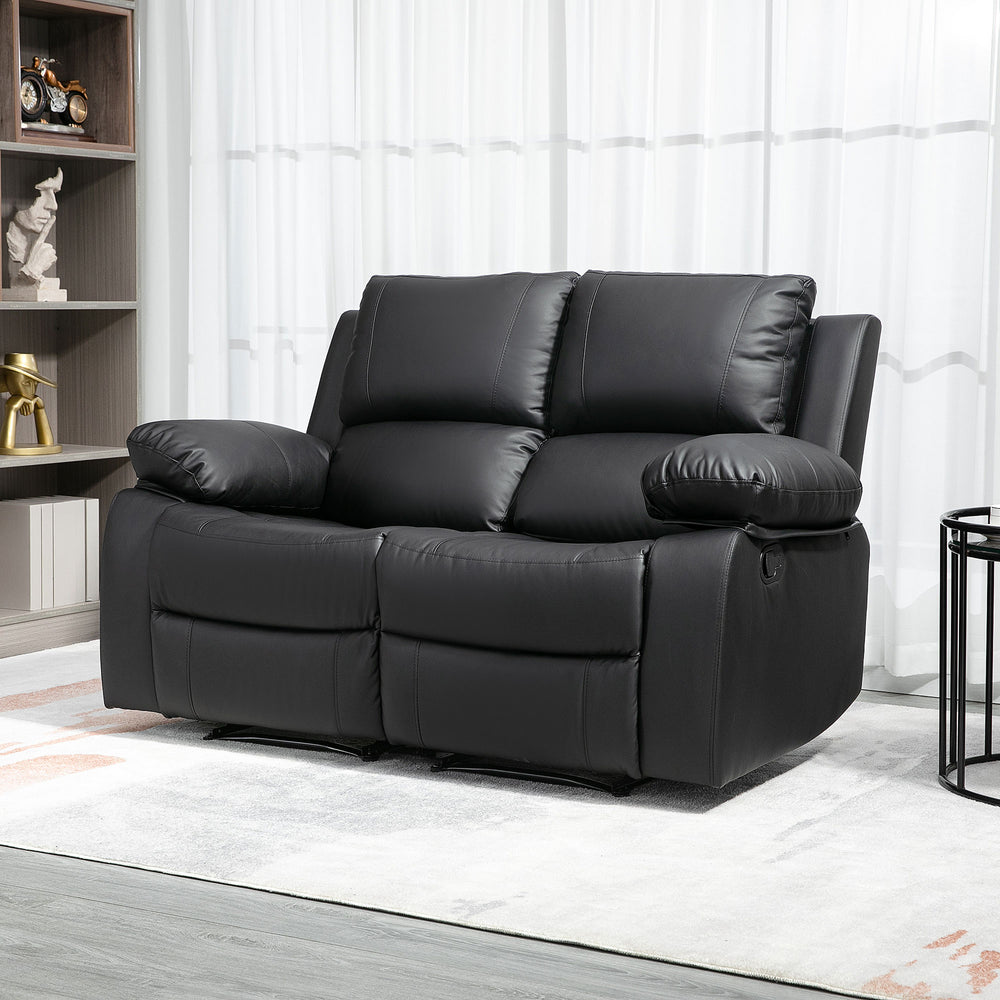 Manual Reclining Leather Double Sofa with Footstool, Black