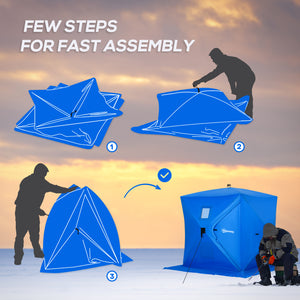 Ice fishing shelter for 2 people, foldable and collapsible, with carry bag, blue