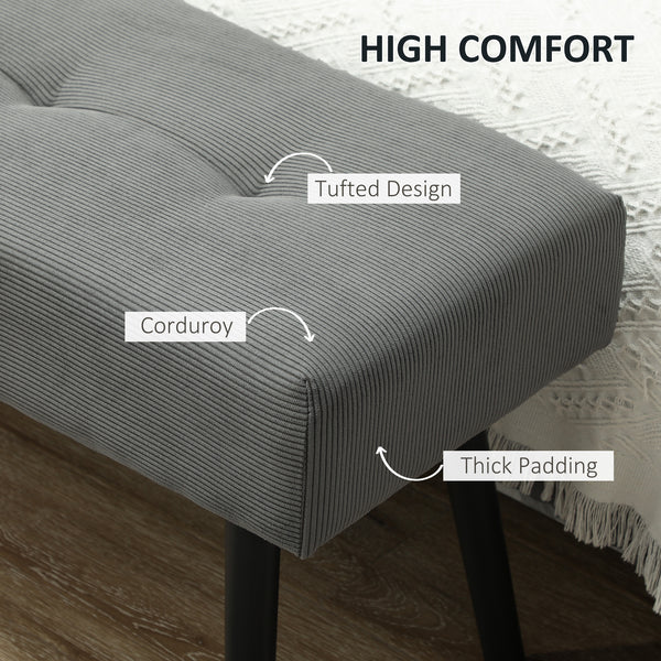 Corduroy Upholstered Ottoman Bench with Steel Legs, Grey