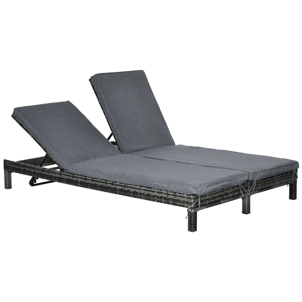 Double wicker chaise longue with adjustable backrest and cushions, black and grey