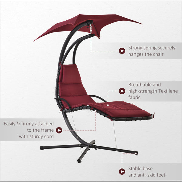 Outdoor Hammock Chair with Stand, Floating Chaise Lounge Chair with Soft Padded Cushion, Hanging Hammock Swing Reclining Seat with Canopy Umbrella, Wine Red