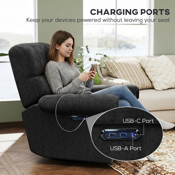 Electric reclining chair, fabric upholstery, USB ports, swivel and rocking function, footrest, black