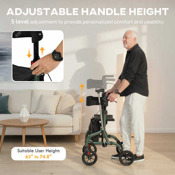 Foldable rollator walker with seat for seniors, lightweight with wheels, and adjustable handles, green