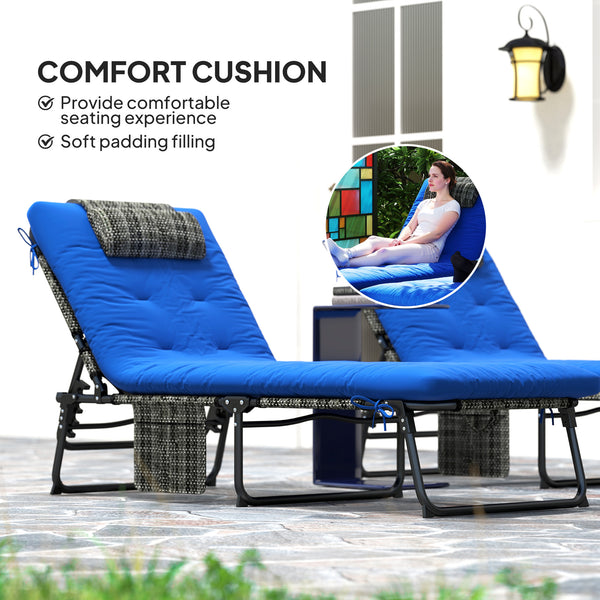 Set of 2 Folding Lounge Chairs with 4-Level Reclining Backrest with Cushion, Breathable Mesh Fabric, Side Pocket, Headrest, Blue