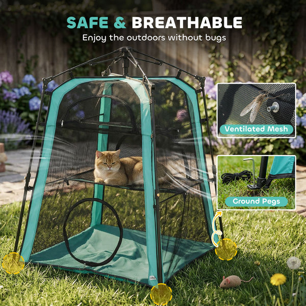 3-tier portable pet tent, indoor/outdoor use, multiple doors, carry bag, and breathable mesh.