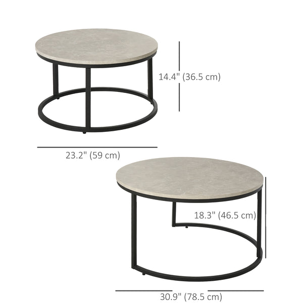 Set of 2 modern coffee tables with metal base for living room, cement gray