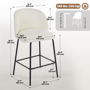 Set of 2 counter-height bar stools upholstered in linen with backrest, footrest and steel legs, cream white