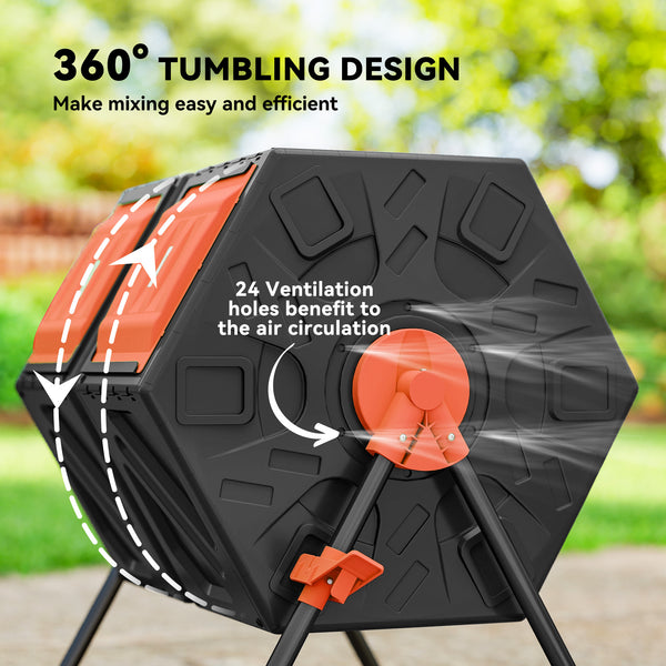 Rotating double-compartment composter with 24 ventilation holes and steel legs, 130 litres, orange