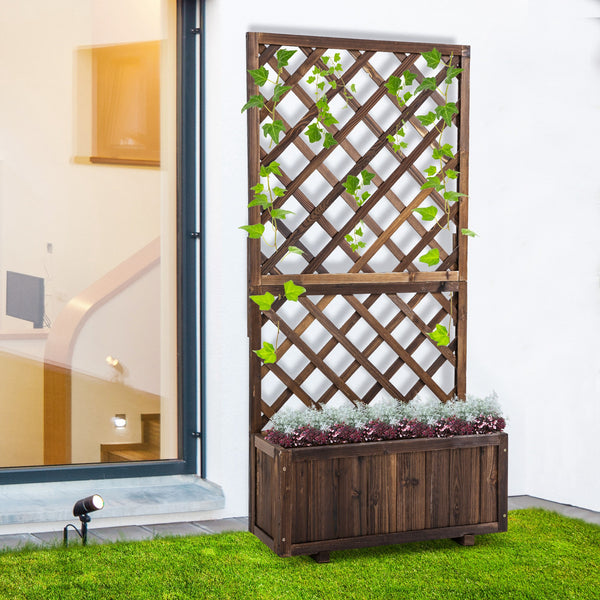 Raised planter in solid pine with integrated trellis, carbonized finish