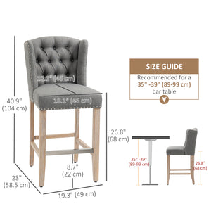 Set of 2 padded bar stools with studded backrest and footrest, grey
