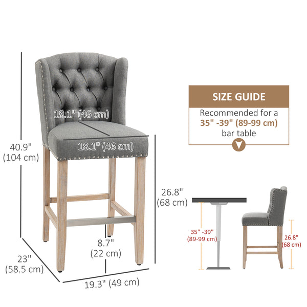Set of 2 padded bar stools with studded backrest and footrest, grey
