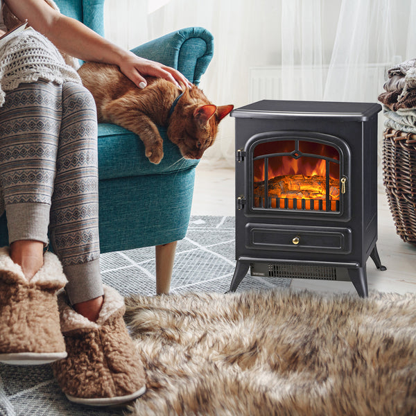40cm Freestanding Electric Fireplace with Wood Burning Flame 750/1500W Black