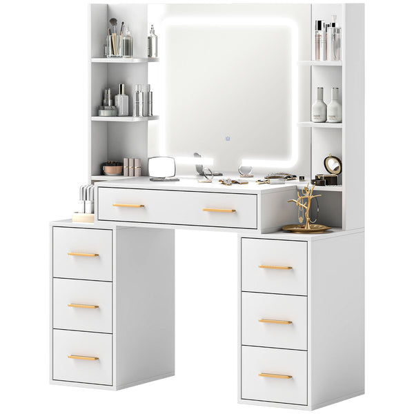 Dressing table with mirror and lighting, 7 drawers and 8 shelves, white