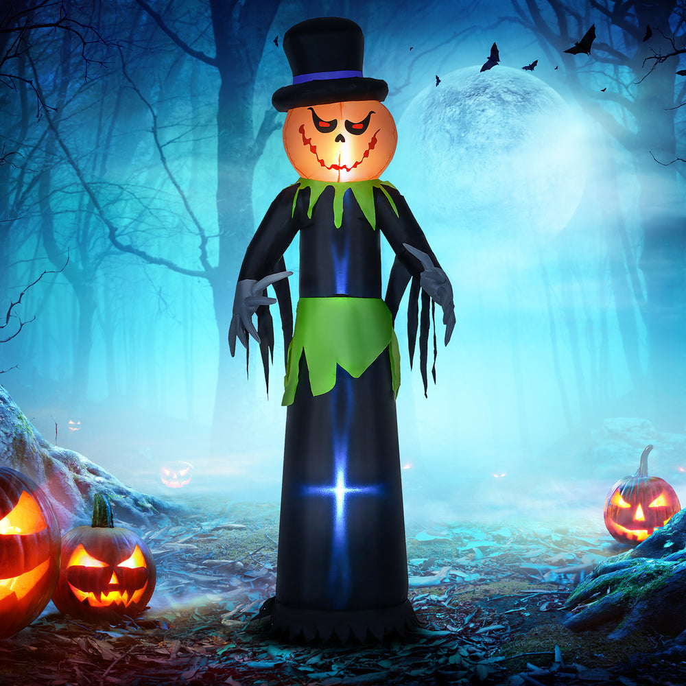 2.4m Inflatable Ghost Pumpkin Head with Hat, Outdoor Inflatable Decoration with LED Lights