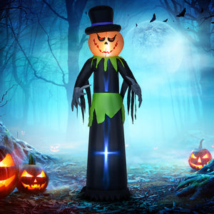 2.4m Inflatable Ghost Pumpkin Head with Hat, Outdoor Inflatable Decoration with LED Lights