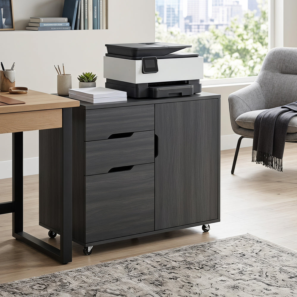 Black wood-effect mobile filing cabinet with file drawer and adjustable storage, dark grey