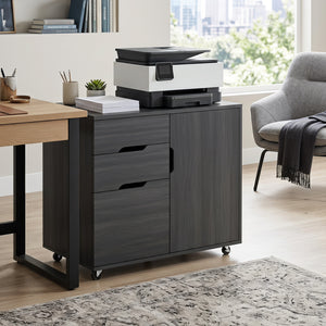 Black wood-effect mobile filing cabinet with file drawer and adjustable storage, dark grey
