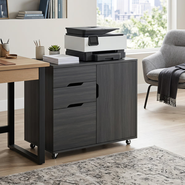 Black wood-effect mobile filing cabinet with file drawer and adjustable storage, dark grey