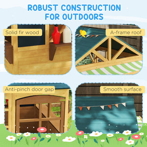 Foldable Wooden Outdoor Playhouse with Functional Door, Rain Cover, Chalkboards, Brown