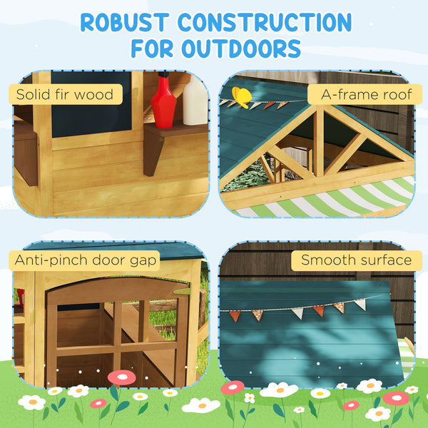 Foldable Wooden Outdoor Playhouse with Functional Door, Rain Cover, Chalkboards, Brown