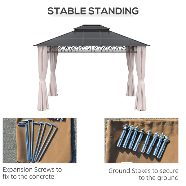 10' x 12' Gazebo with Double PC Hardtop, Steel Frame, Netting &amp; Curtains, Khaki