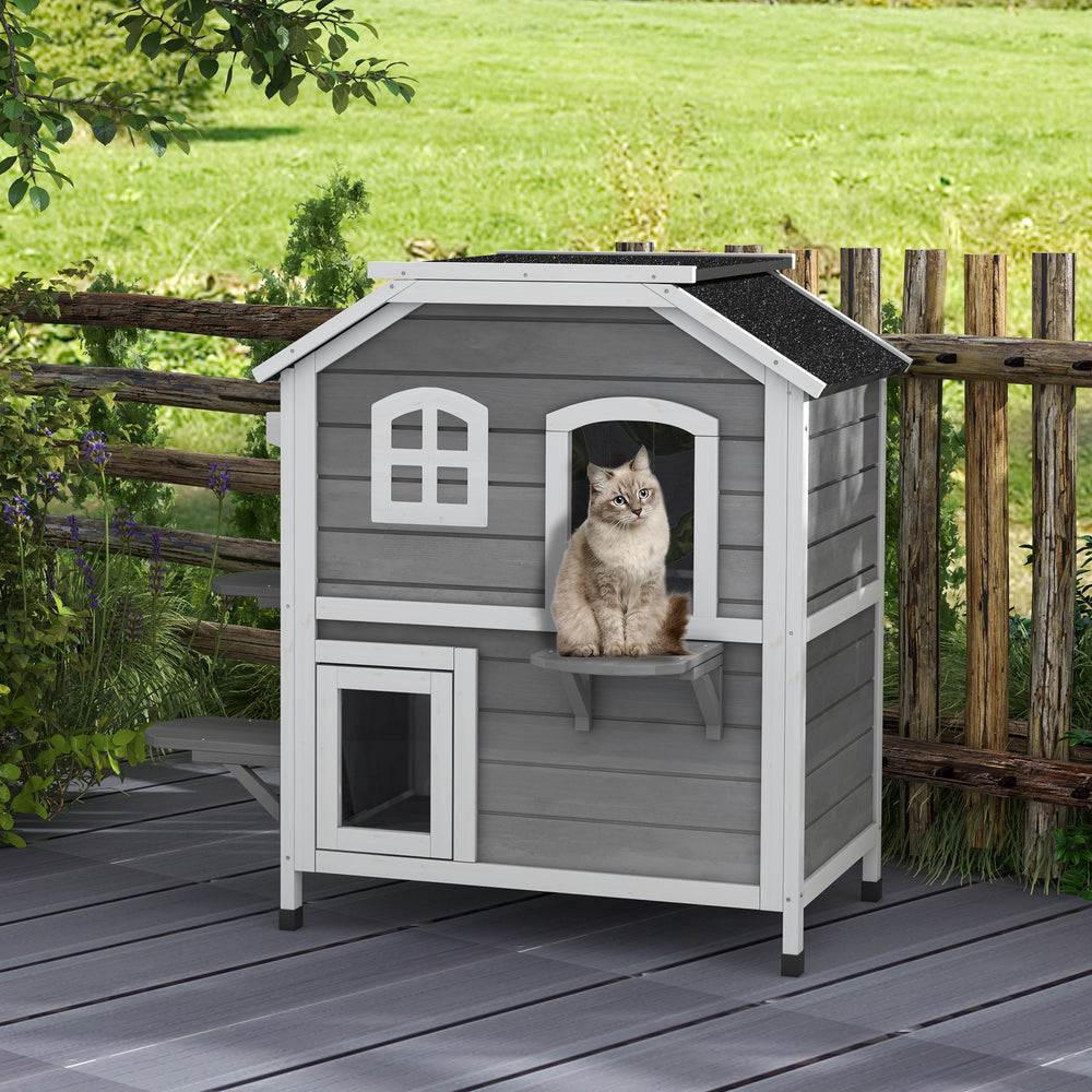 Two-story wooden cat house with a retractable roof, grey