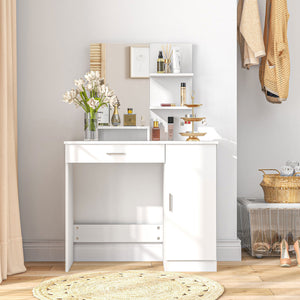 Dressing table with mirror, drawer and open compartment, white